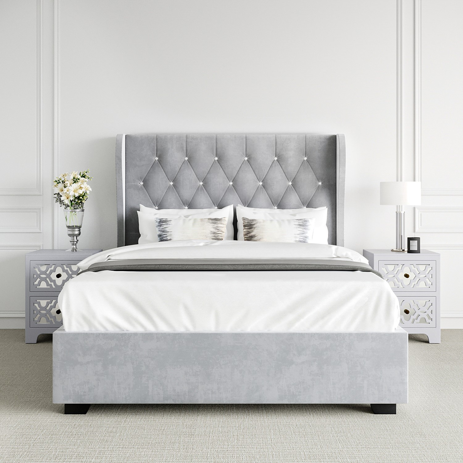 Safina Light Grey Velvet King Size Ottoman Bed with Diamante Headboard
