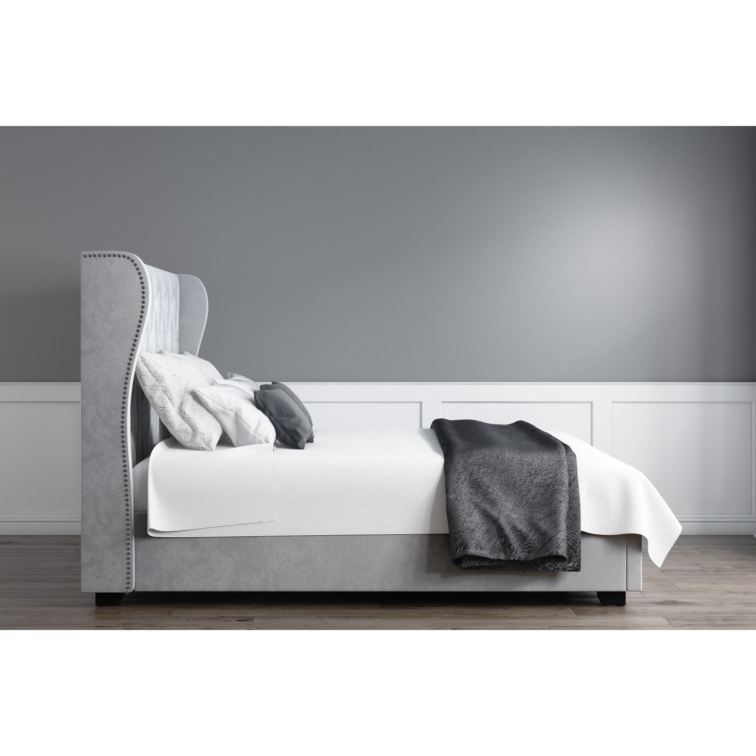 Safina diamante wing back double ottoman bed in outlet silver grey velvet