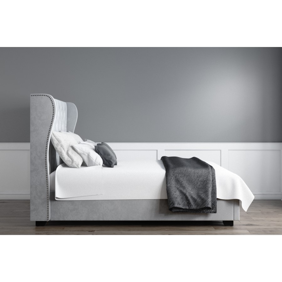 GRADE A1 - Safina Diamante Wing Back Double Ottoman Bed in Silver Grey Velvet