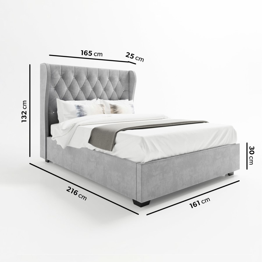 Grey Velvet King Size Ottoman Bed with Diamante Headboard - Safina