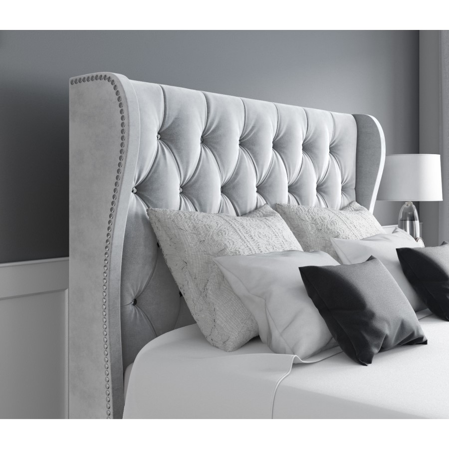 Grey Velvet King Size Ottoman Bed with Diamante Headboard - Safina
