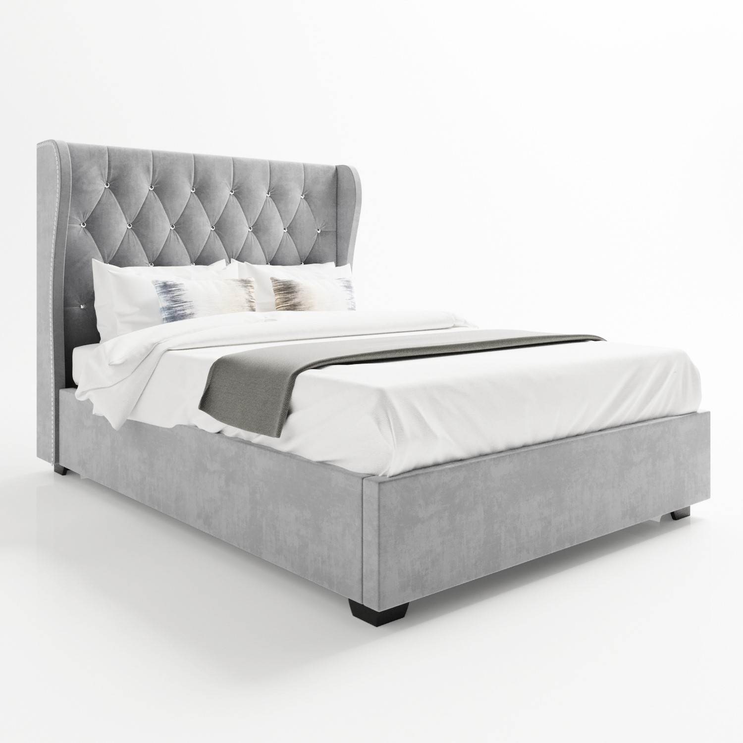 Safina Light Grey Velvet King Size Ottoman Bed with Diamante Headboard