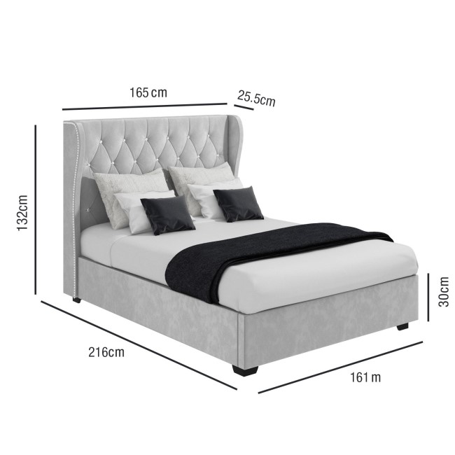 GRADE A2 - Safina Diamante Wing Back King Size Ottoman Bed in Silver Grey Velvet