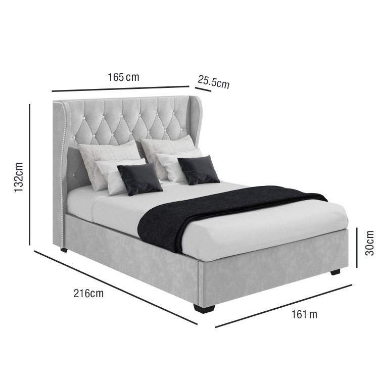 Safina Diamante Wing Back King Size Ottoman Bed in Silver Grey Velvet