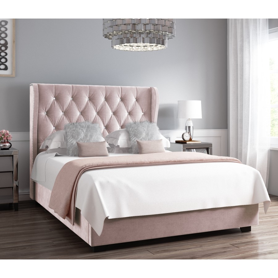 GRADE A1 - Safina Diamante Wing Back Double Ottoman Bed in Light Pink Velvet