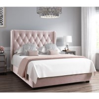 GRADE A1 - Safina Diamante Wing Back Double Ottoman Bed in Light Pink Velvet
