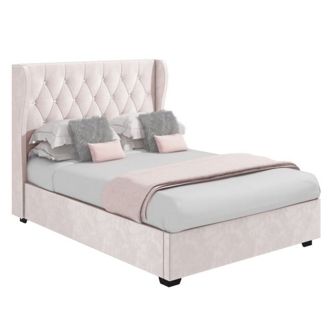 Pink Velvet Double Ottoman Bed with Diamante Headboard - Safina