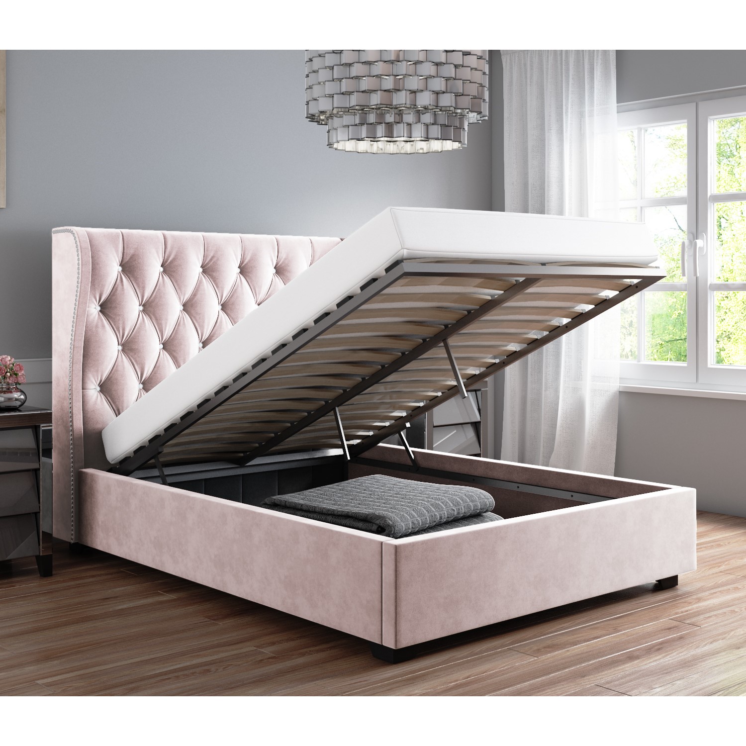 Safina Blush Pink Velvet Double Ottoman, Light Pink Bed Frame