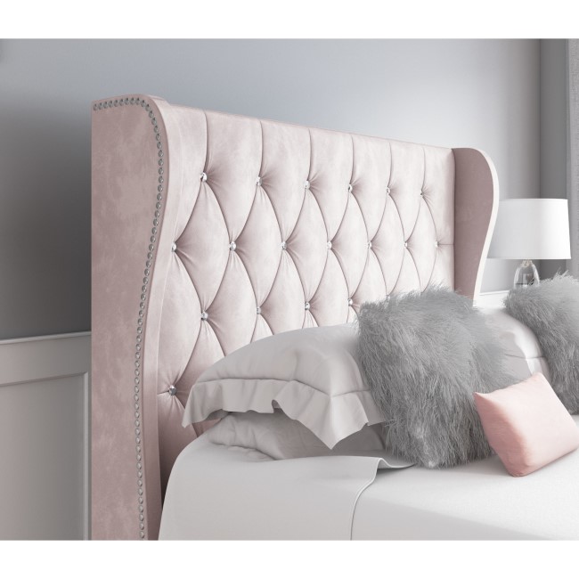 Pink Velvet Double Ottoman Bed with Diamante Headboard - Safina