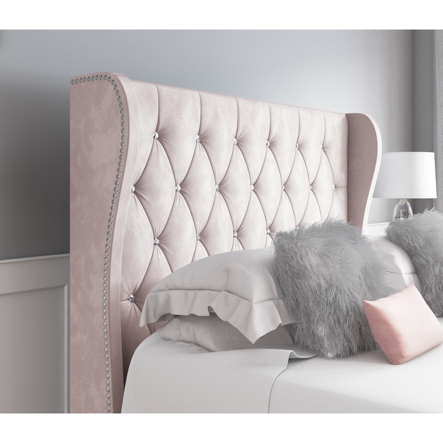Safina Diamante Wing Back Double, Baby Pink Leather Chair And Ottoman Bedroom Set