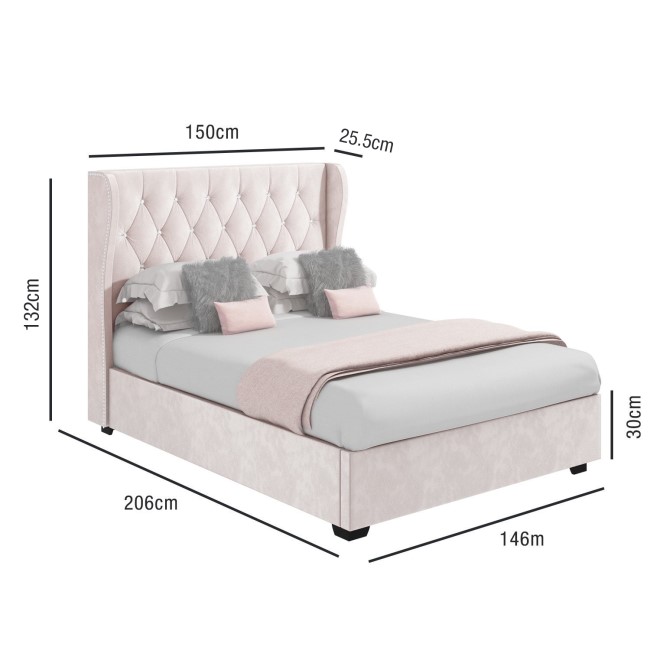 Pink Velvet Double Ottoman Bed with Diamante Headboard - Safina