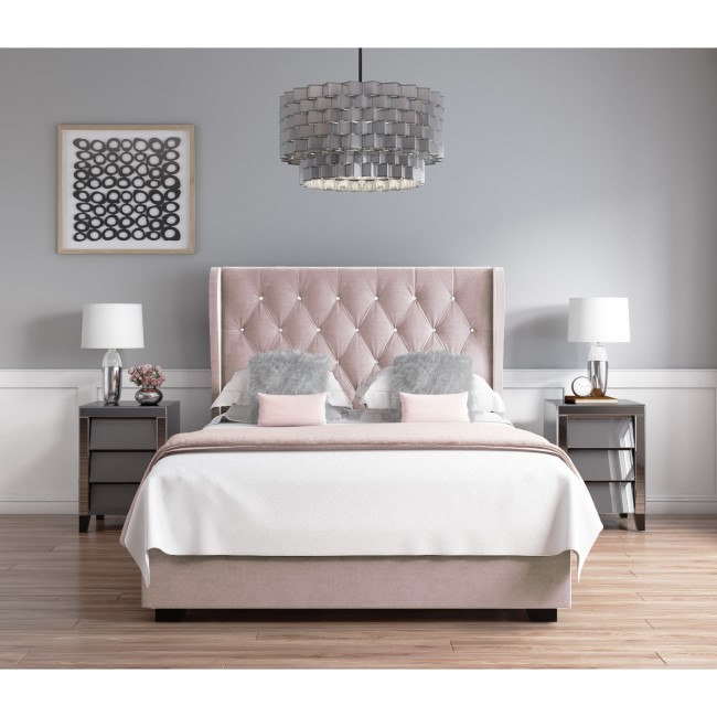 Pink Velvet Double Ottoman Bed with Diamante Headboard - Safina