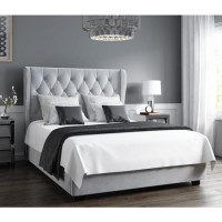 Safina King Size Buttoned Wing Back Ottoman Bed in Silver Grey Velvet Safina King Size Buttoned Wing Back Ottoman Bed in Silver Grey Velvet