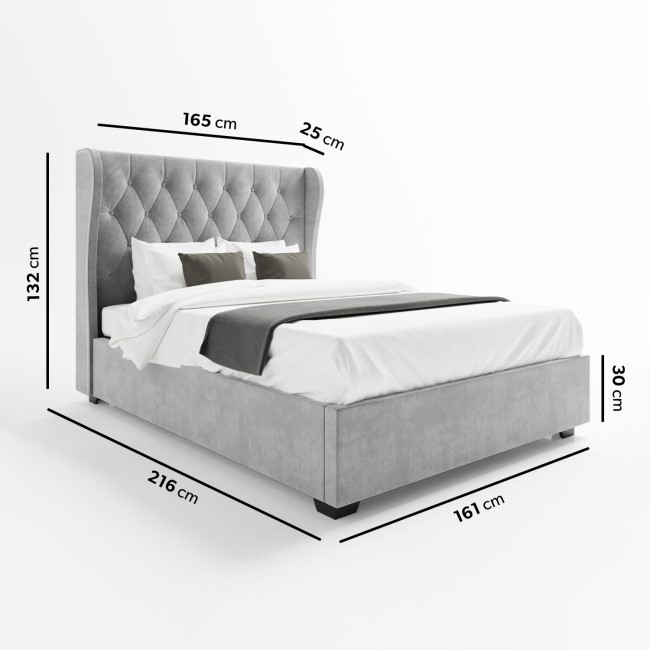 Grey Velvet King Size Ottoman Bed with Winged Studded Headboard - Safina