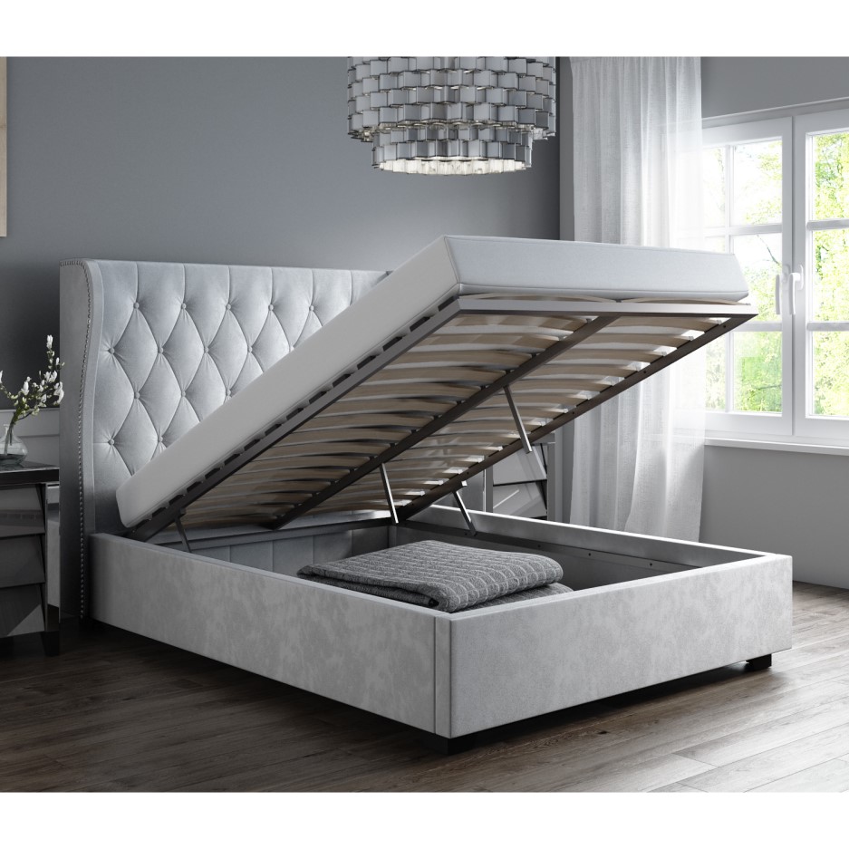GRADE A1 Safina Buttoned Wing Back Double Ottoman Bed in Silver/Grey