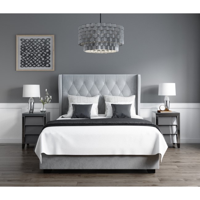 GRADE A1 - Safina Buttoned Wing Back Double Ottoman Bed in Silver/Grey Velvet