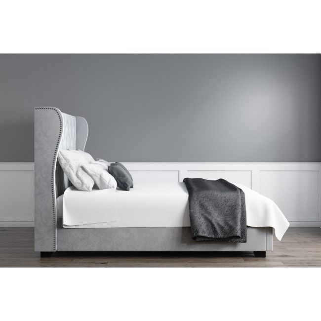 GRADE A1 - Safina Buttoned Wing Back Double Ottoman Bed in Silver/Grey Velvet