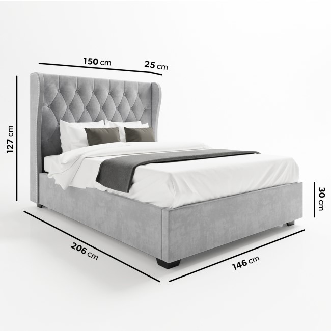 Grey Velvet Double Ottoman Bed with Winged Studded Headboard - Safina