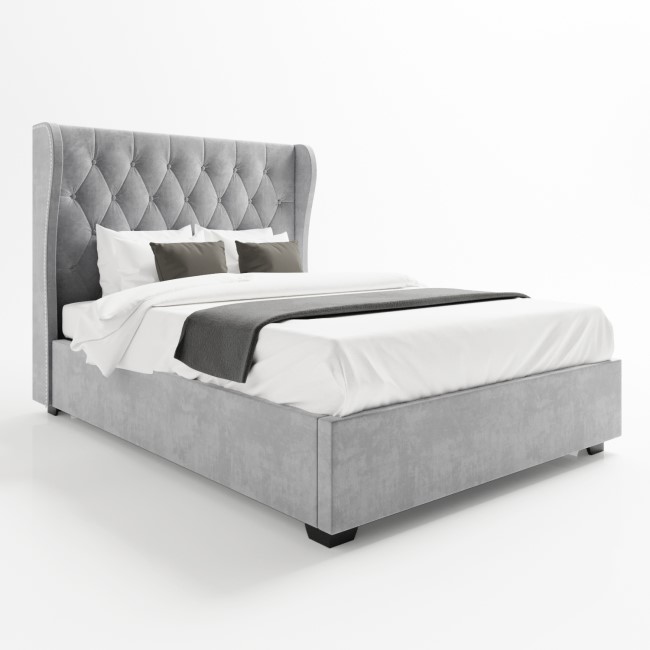 Grey Velvet Double Ottoman Bed with Winged Studded Headboard - Safina