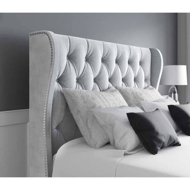 Grey Velvet Double Ottoman Bed with Winged Studded Headboard - Safina