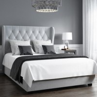 GRADE A1 - Safina Buttoned Wing Back Double Ottoman Bed in Silver/Grey Velvet