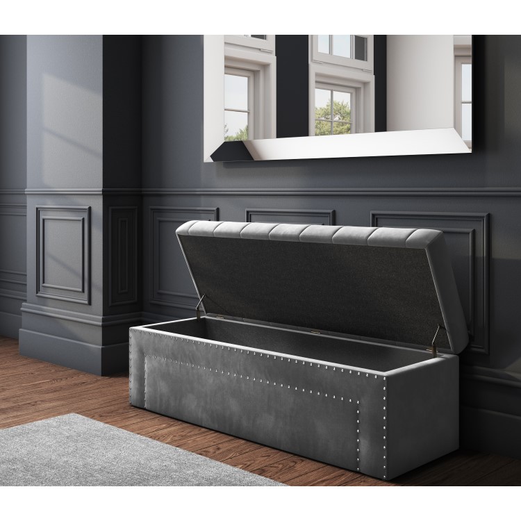 GRADE A2 - Safina Dark Grey Velvet Ottoman Blanket Box with Stud Detail