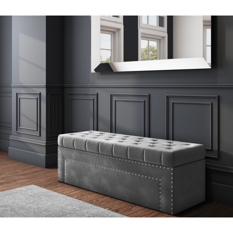 GRADE A2 - Safina Dark Grey Velvet Ottoman Blanket Box with Stud Detail