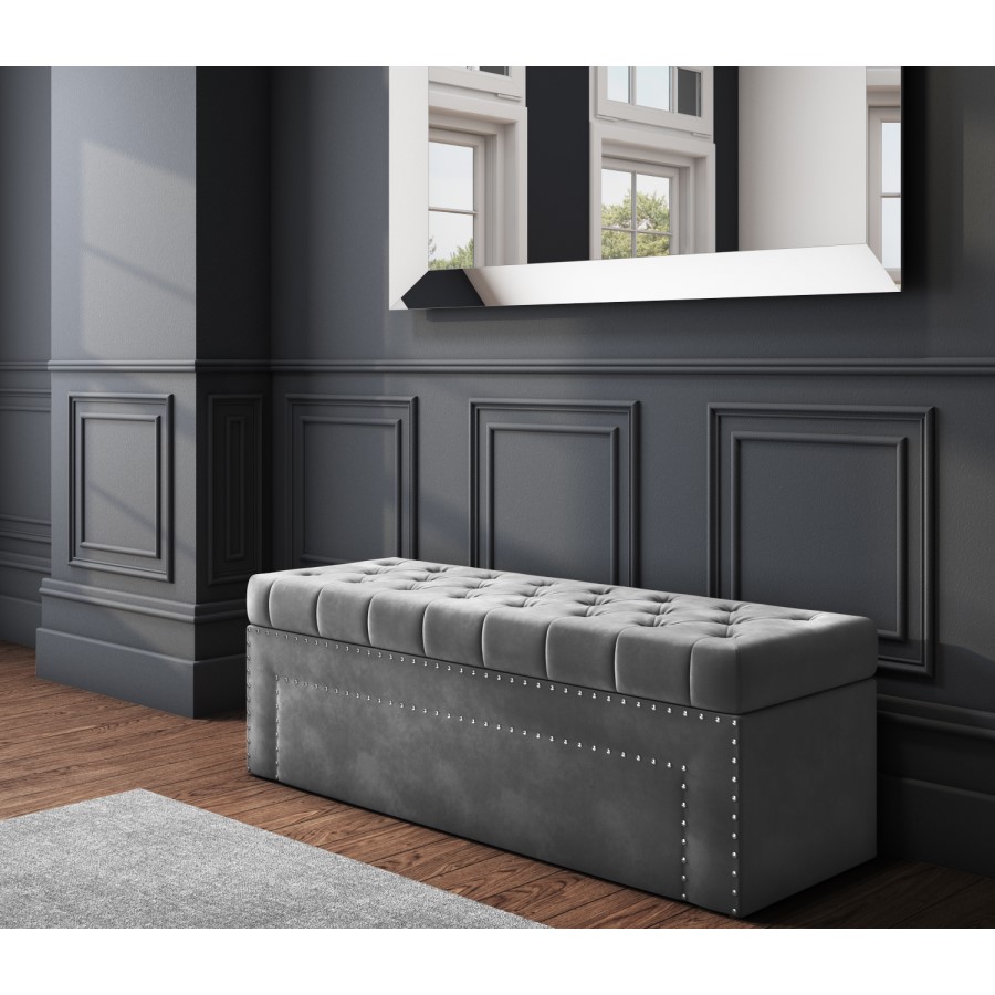 GRADE A2 - Safina Velvet Storage Blanket Box in Grey with Stud Detail