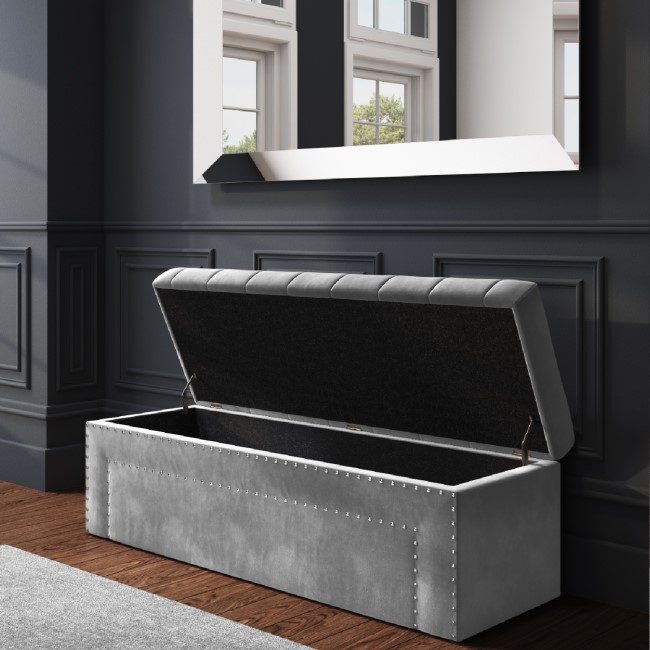 Grey Velvet Ottoman Blanket Box with Stud Detail - Safina