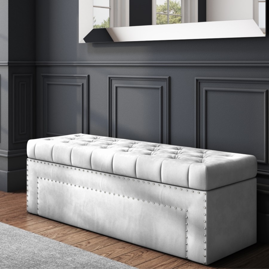 Silver Grey Velvet Ottoman Blanket Box with Stud Detail- Safina