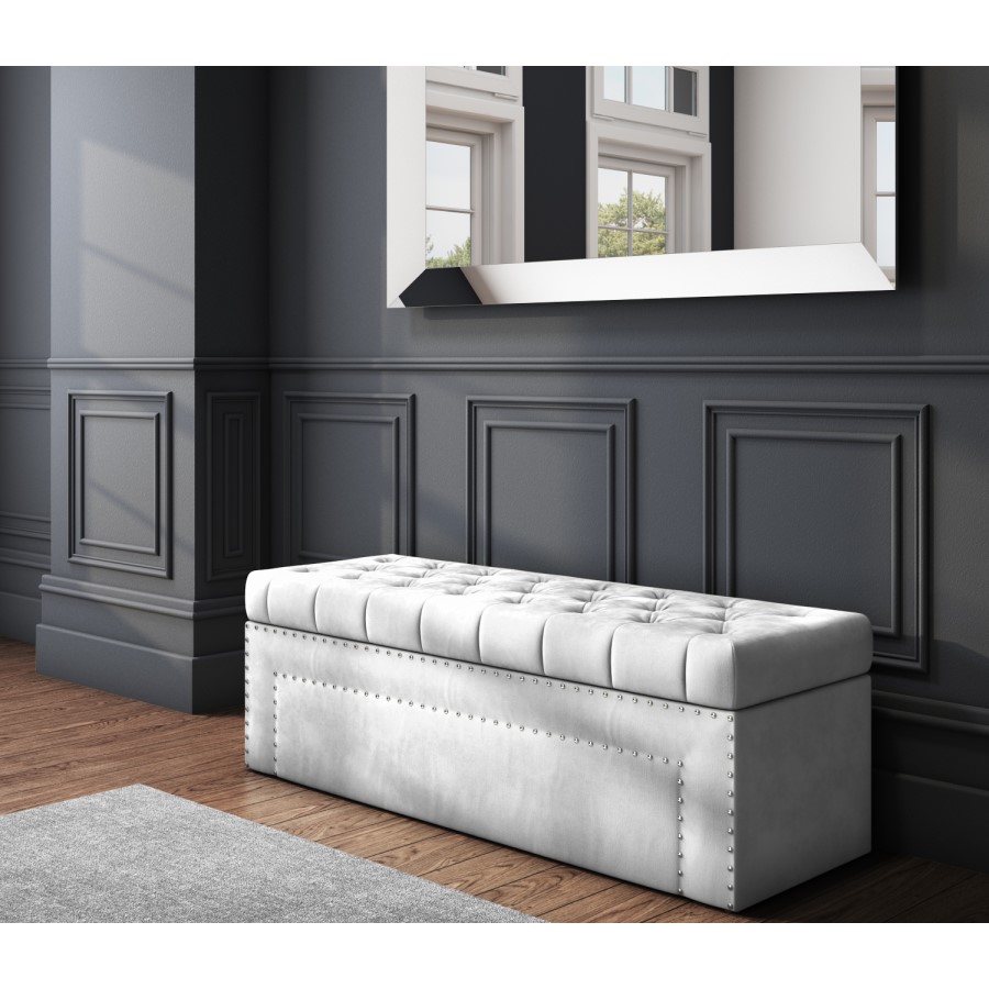 Silver Grey Velvet Ottoman Blanket Box with Stud Detail- Safina