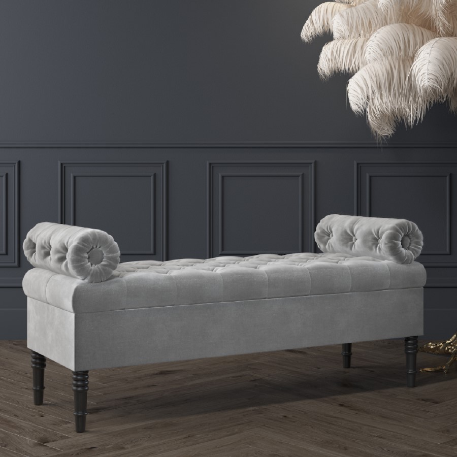 GRADE A2 - Safina Ottoman Storage Bench in Grey Velvet with Bolster Cushions
