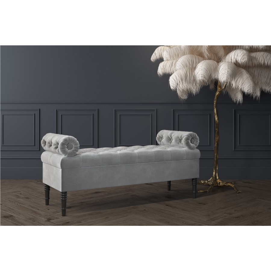 GRADE A2 - Safina Ottoman Storage Bench in Grey Velvet with Bolster Cushions