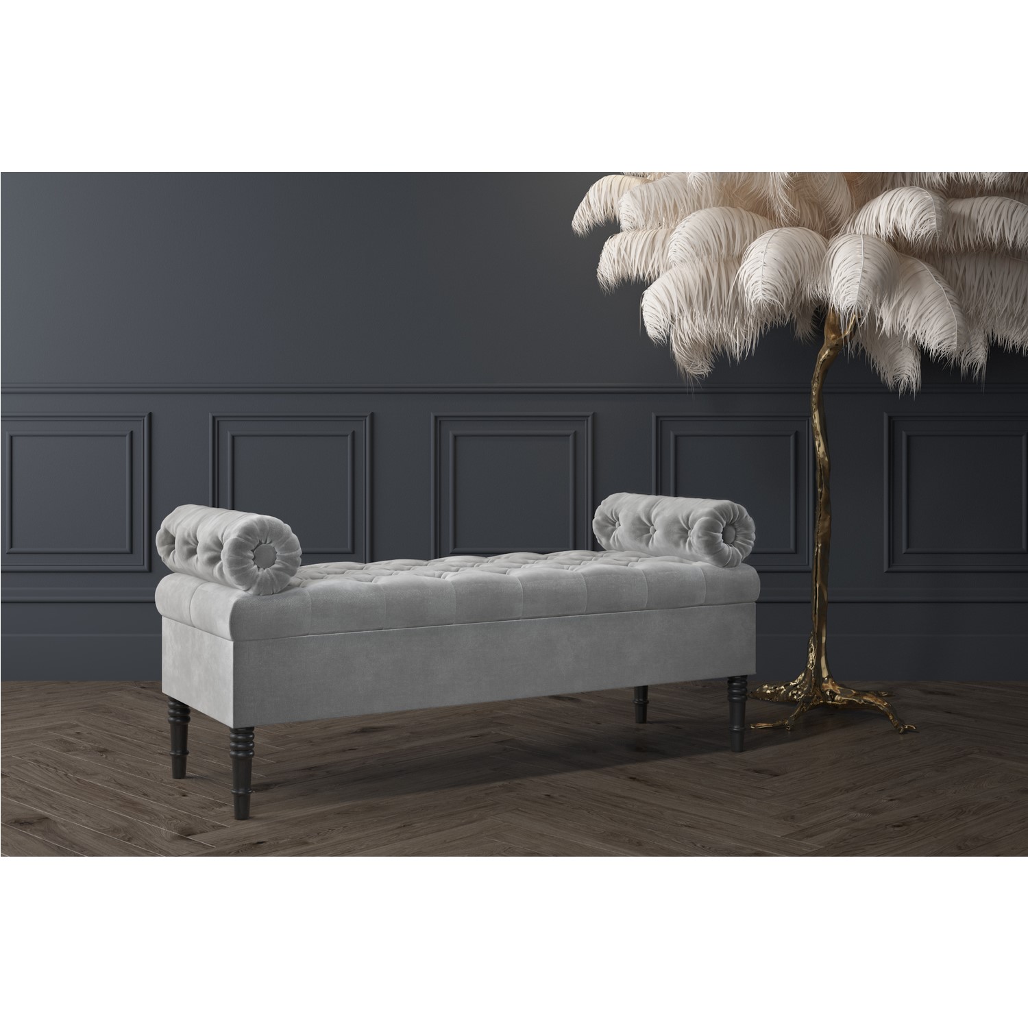 Safina Ottoman Storage Bench In Grey Velvet With Bolster Cushions Furniture123 Safina Ottoman Storage Bench In Grey Velvet With Bolster Cushions Furniture123