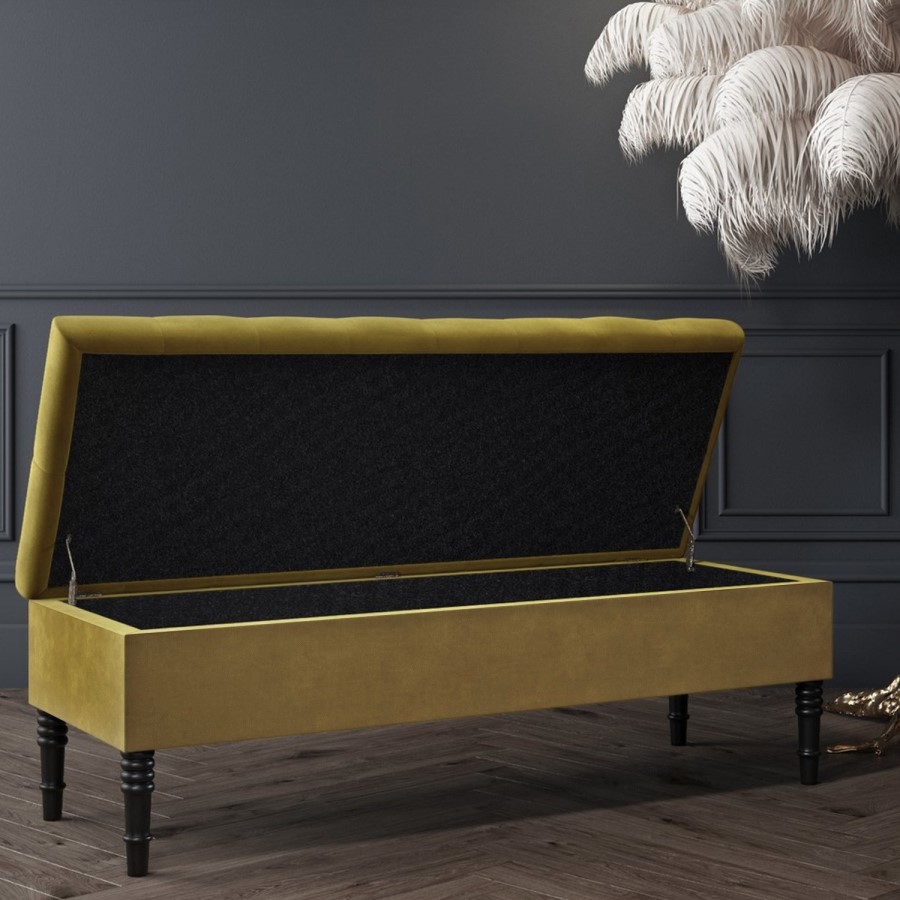 Safina Ottoman Storage Bench in Olive Green Velvet with Bolster Cushions