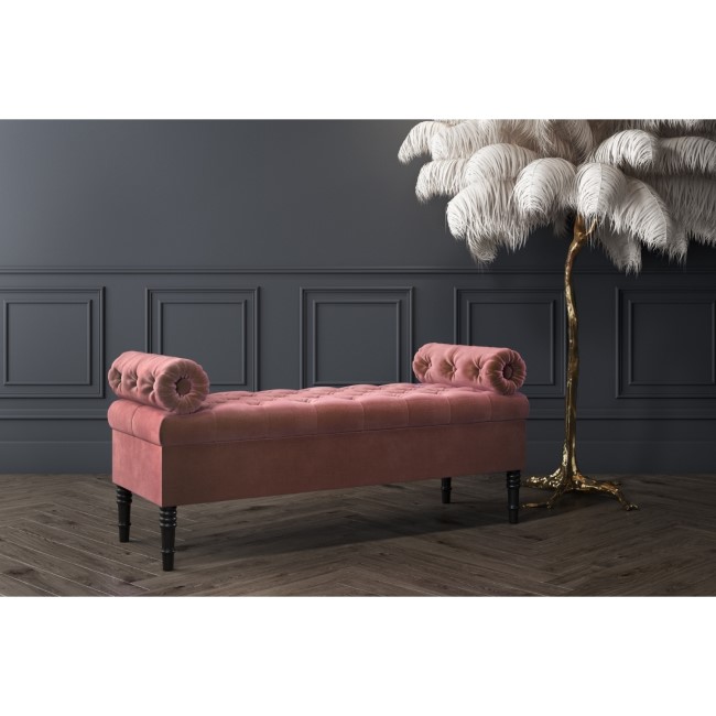 Safina Ottoman Storage Bench in Blush Pink Velvet with Bolster Cushions