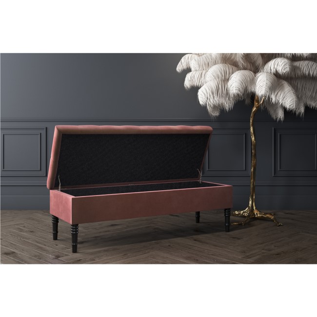 Safina Ottoman Storage Bench in Blush Pink Velvet with Bolster Cushions