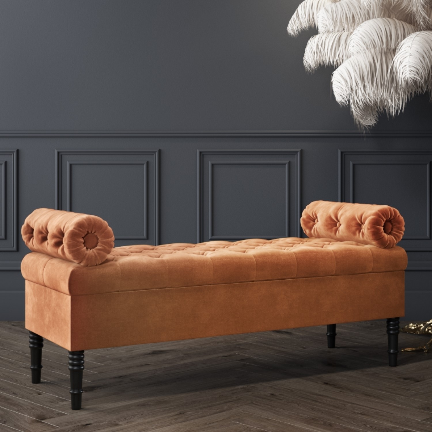 Safina Ottoman Storage Bench In Burnt Orange Velvet With Bolster Cushions Furniture123 Safina Ottoman Storage Bench In Burnt Orange Velvet With Bolster Cushions Furniture123