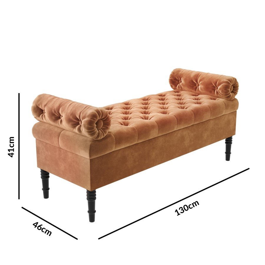 Safina Ottoman Storage Bench in Burnt Orange Velvet with Bolster Cushions