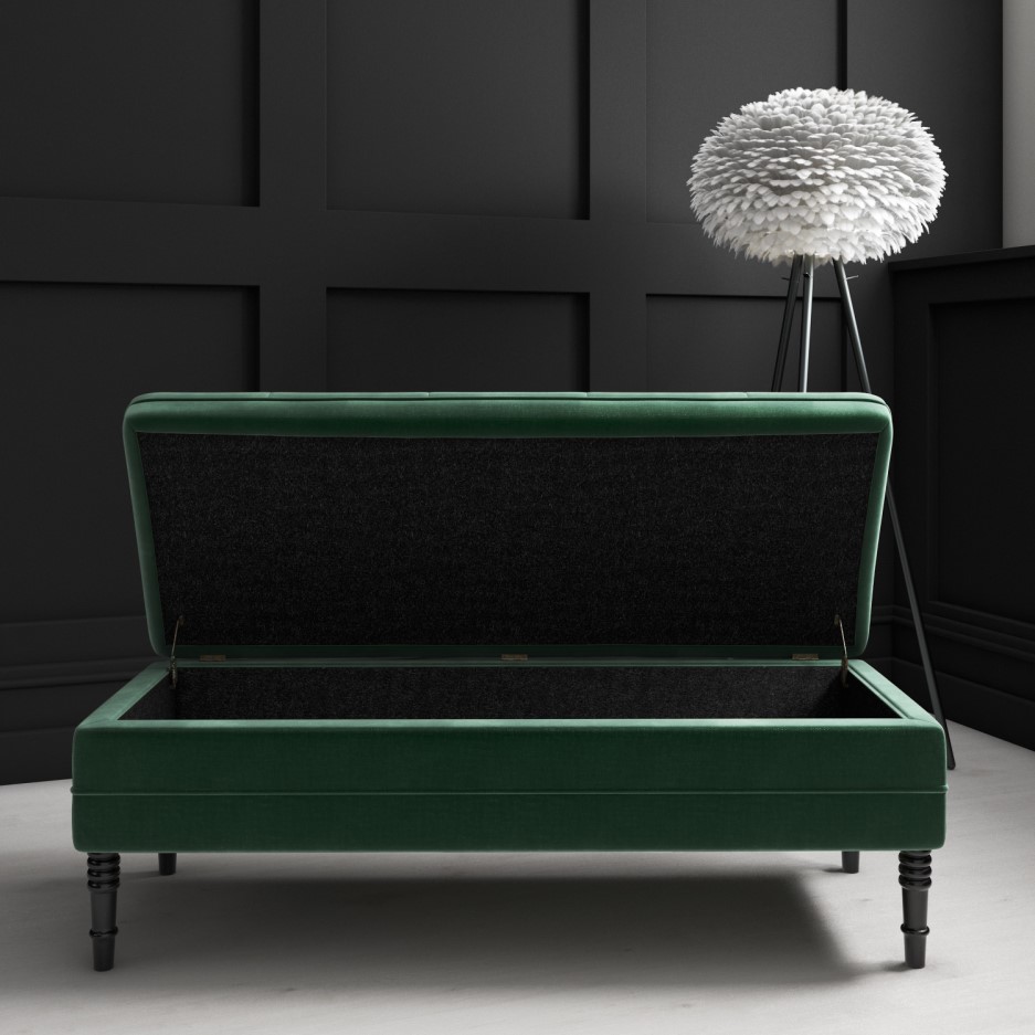 Green Velvet Bench With Storage Safina Ottoman Storage Bench in Bottle Green Velvet with Button Detail