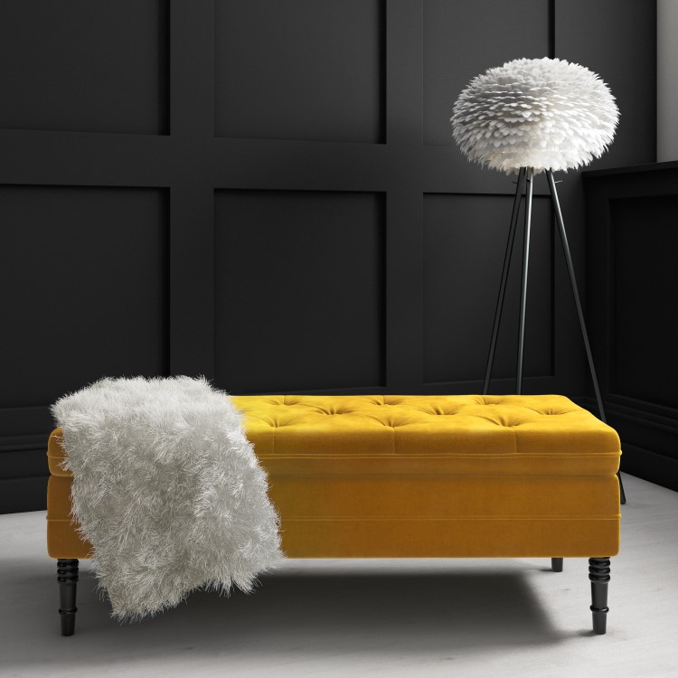 GRADE A1 - Safina Ottoman Storage Bench in Mustard Yellow Velvet with Button Detail