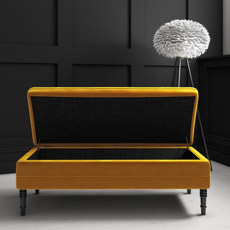 GRADE A1 - Safina Ottoman Storage Bench in Mustard Yellow Velvet with Button Detail