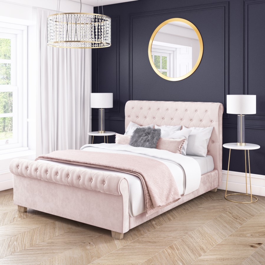 GRADE A2 - Safina Roll Top Double Sleigh Bed in Baby Pink Velvet