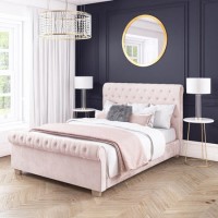GRADE A2 - Safina Roll Top Double Sleigh Bed in Baby Pink Velvet