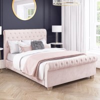 Pink Velvet Double Chesterfield Sleigh Bed Frame - Safina Pink Velvet Double Chesterfield Sleigh Bed Frame - Safina