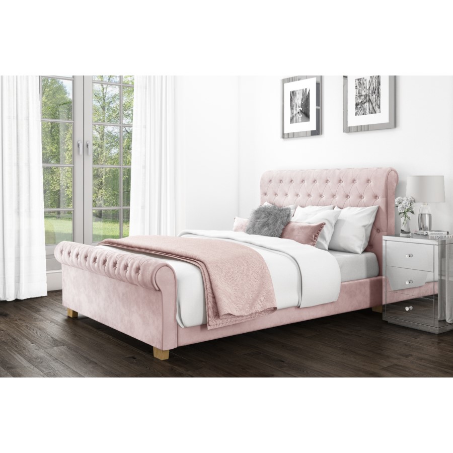 GRADE A2 - Safina Roll Top Double Sleigh Bed in Baby Pink Velvet