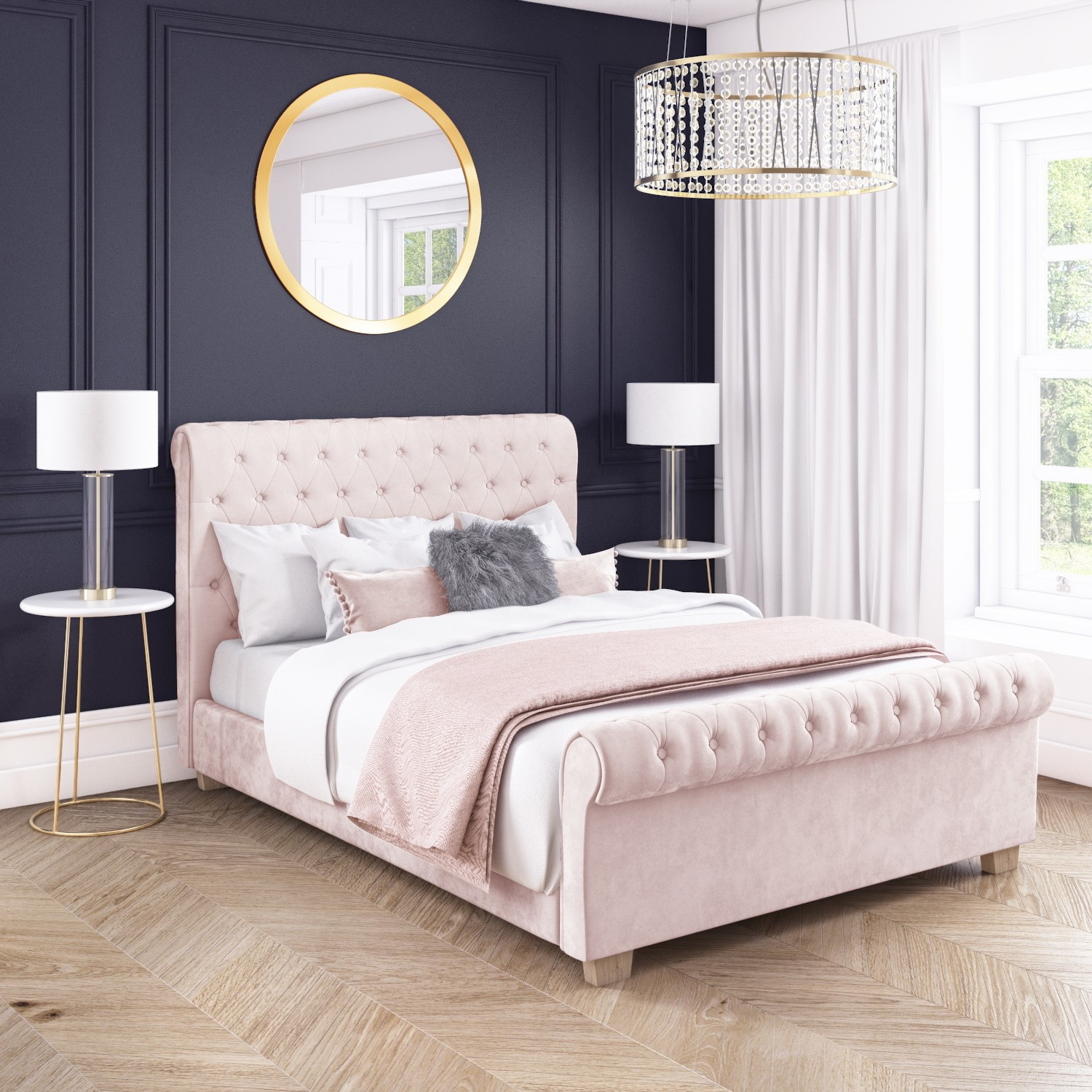Blush Pink Velvet Double Sleigh Bed with Chesterfield RollTop