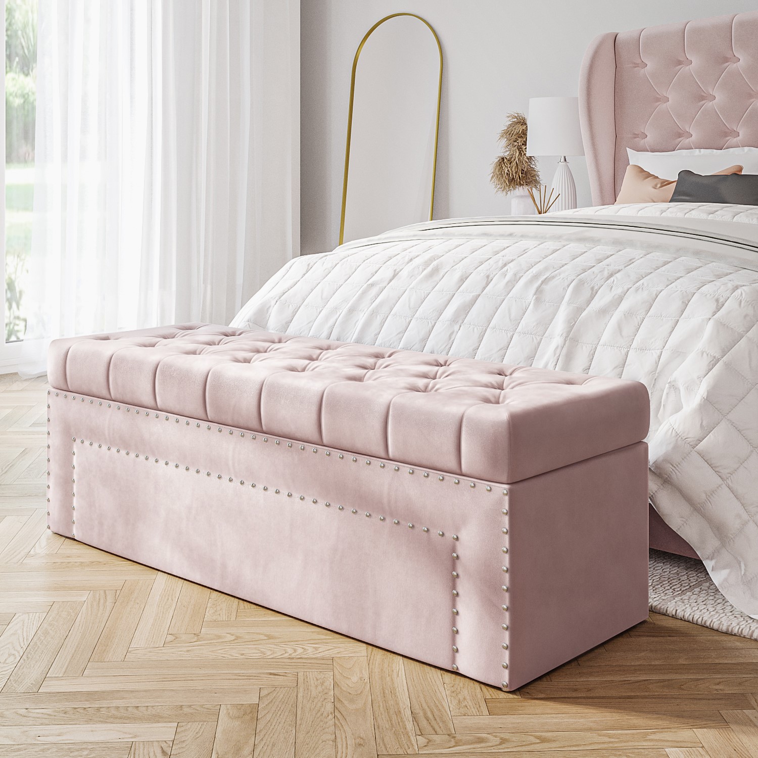 Pink Velvet Ottoman Blanket Box with Stud Detail Safina Furniture123
