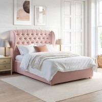 Pink Velvet Double Ottoman Bed with Winged Headboard - Safina