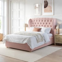 Pink Velvet Double Ottoman Bed with Winged Headboard - Safina